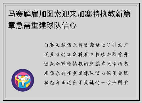 马赛解雇加图索迎来加塞特执教新篇章急需重建球队信心 马赛解雇加图索迎来加塞特执教新篇章急需重建球队信心