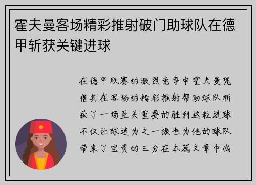 霍夫曼客场精彩推射破门助球队在德甲斩获关键进球